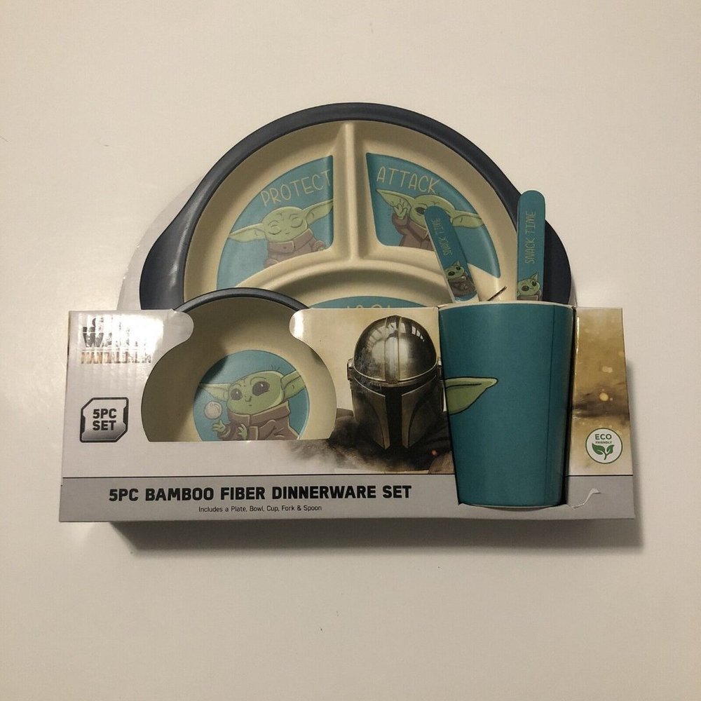 Star Wars Baby Yoda Mandalorian Dinnerware Set Bamboo Fiber 5 pc Kids Plate Cup